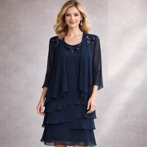 S L Fashions Navy Blue Chiffon Tiered Sequined Dress With Jacket. Size 16